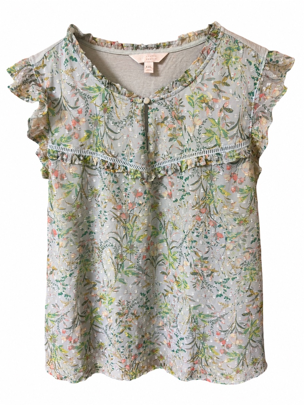 Lauren Conrad LC XXL Blue Floral Ruffle Blouse | Cottagecore Boho Flutter Sleeve